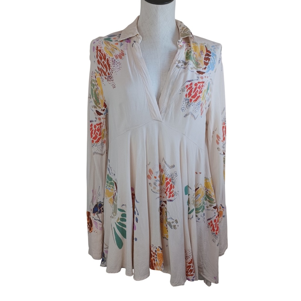 Free People Cream Abstract Floral Print Babydoll Tunic Long Sleeve V-Neck S